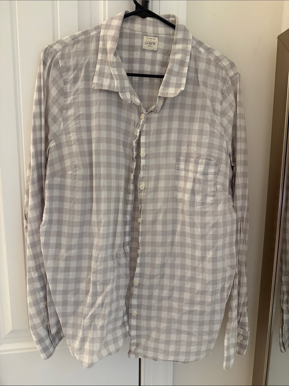 J. Crew Women's Beige and White Gingham Button-Down Shirt